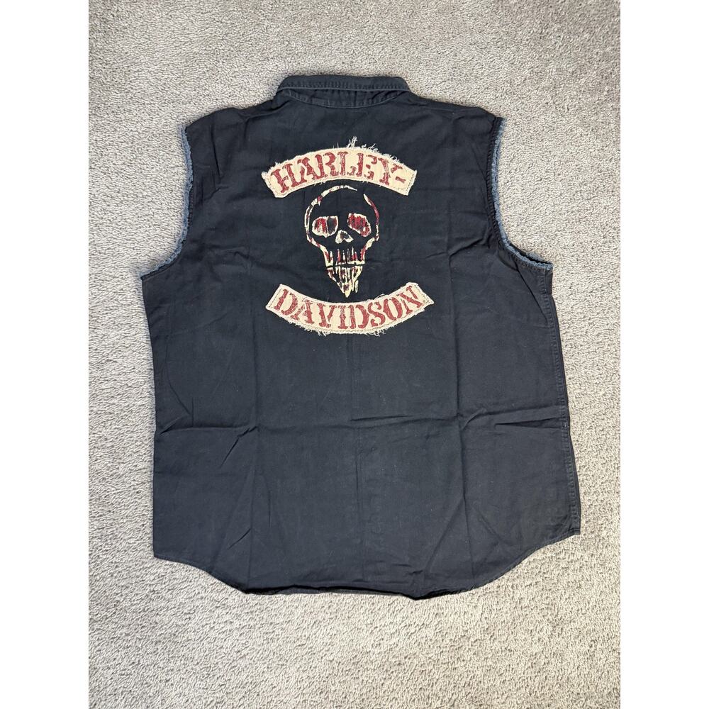 Harley Davidson Shirt Mens 2XL Black Twill Bleeding Skull Button Up Sleeveless